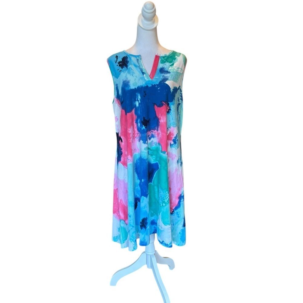 Chicos Sleeveless Dress Lively Blooms Watercolor Women’s Size 2 Large Blue Pink